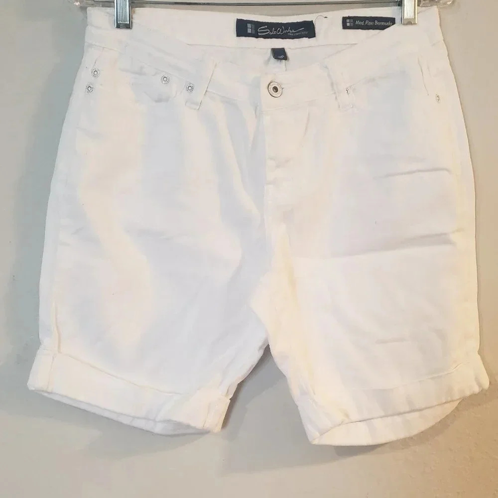 Salt Works NYC White Denim‎ Bermuda Shorts Mid Rise Grommet Cuffed Womens 8P